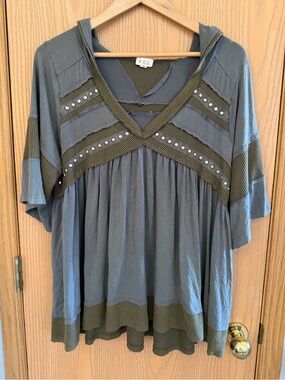 POL EUC Boho Chic Studded Thermal Mesh Babydoll Tunic Top Oversized Women Size S
